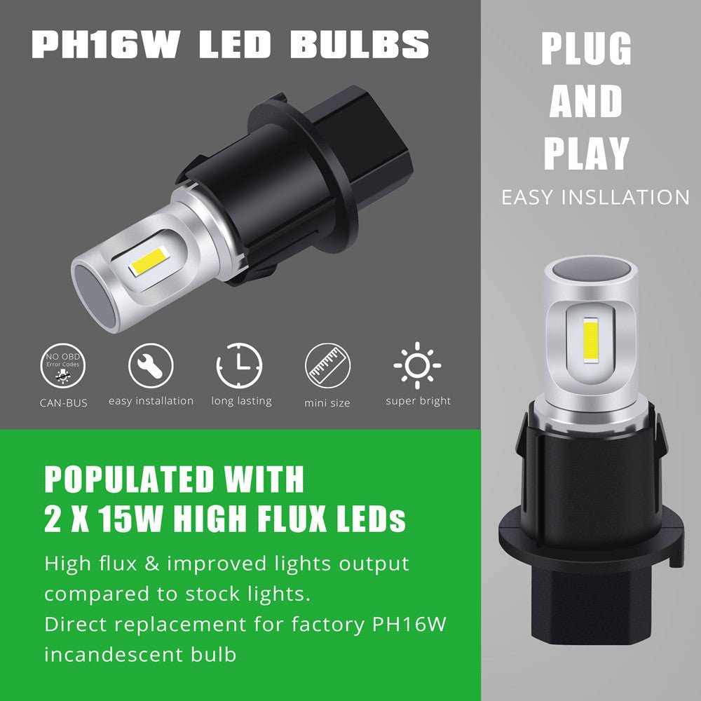 PH16W LED Bulbs Back-up Reverse, Tail, Signal Lights, 6000K White -Alla Lighting