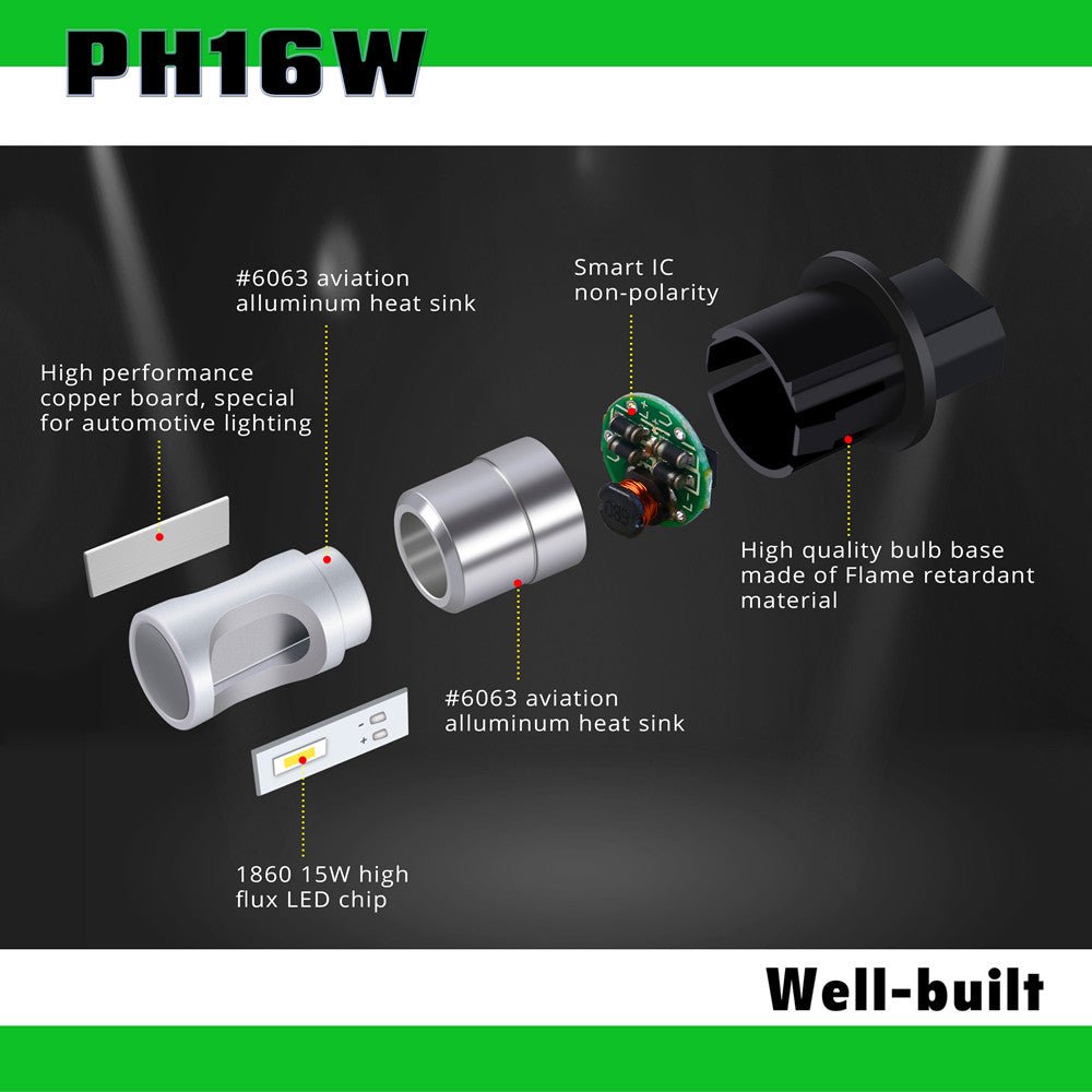 PH16W LED Bulbs Back-up Reverse, Tail, Signal Lights, 6000K White -Alla Lighting